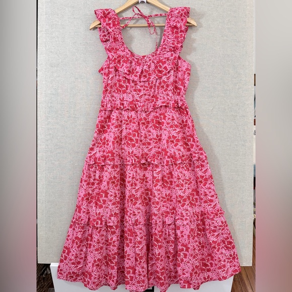 J. Crew Tiered Midi Dress Cotton Poplin Pink Red 12P - Picture 3 of 10